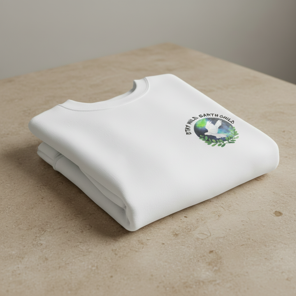 White crewneck sweatshirt with a circular dove and leaf nature graphic on chest.