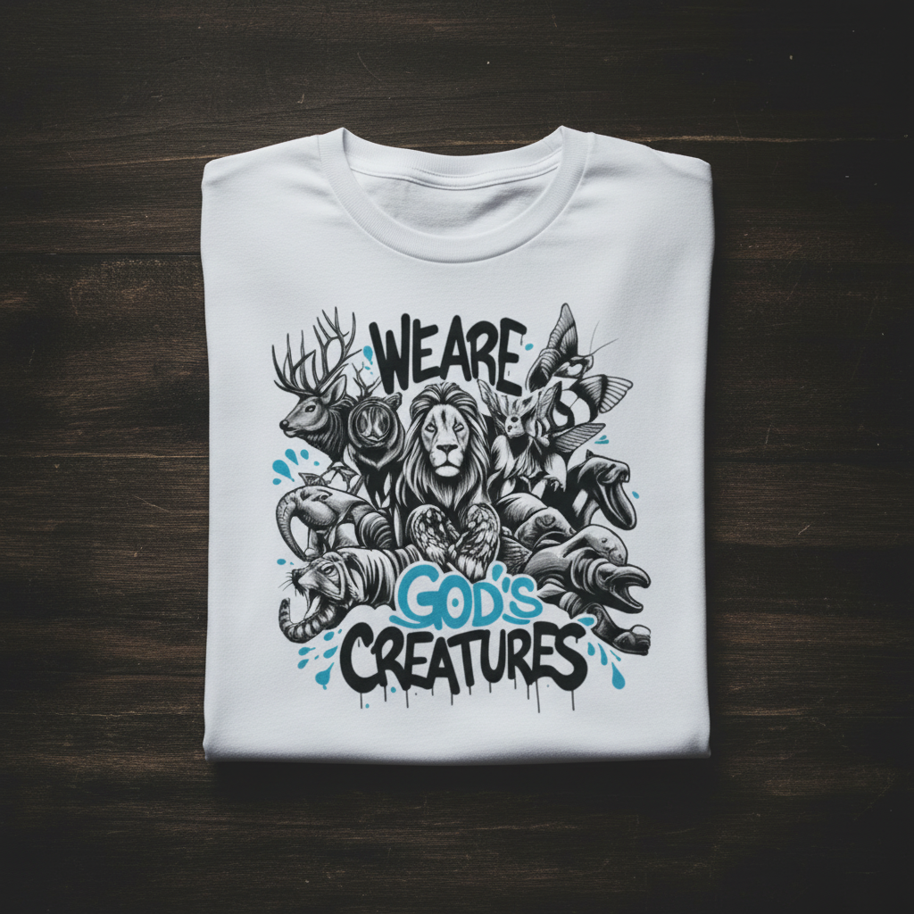 White unisex T-shirt front view with “We Are God’s Creatures” animal graphic print.