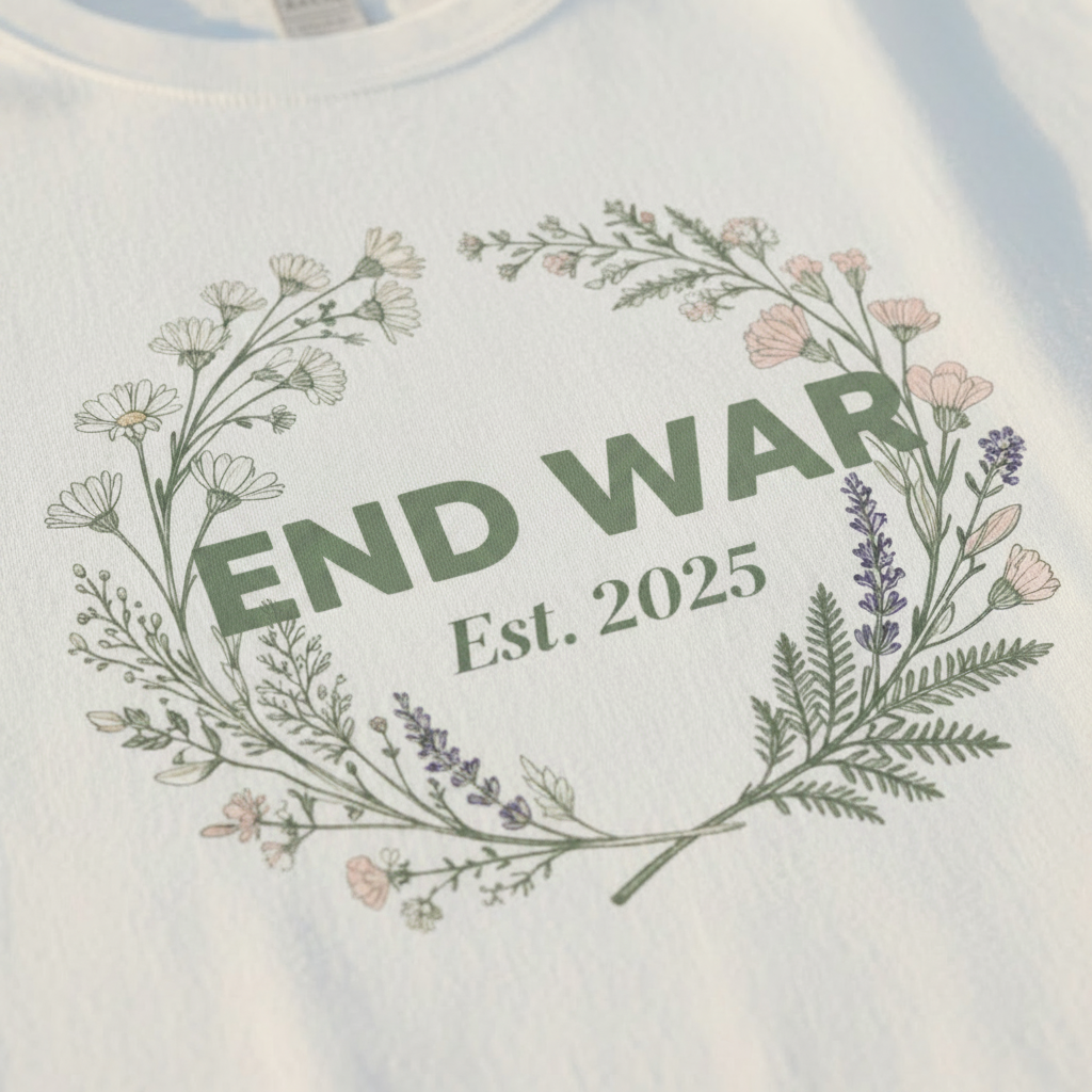 White t-shirt with End War floral wreath and Est. 2025 print