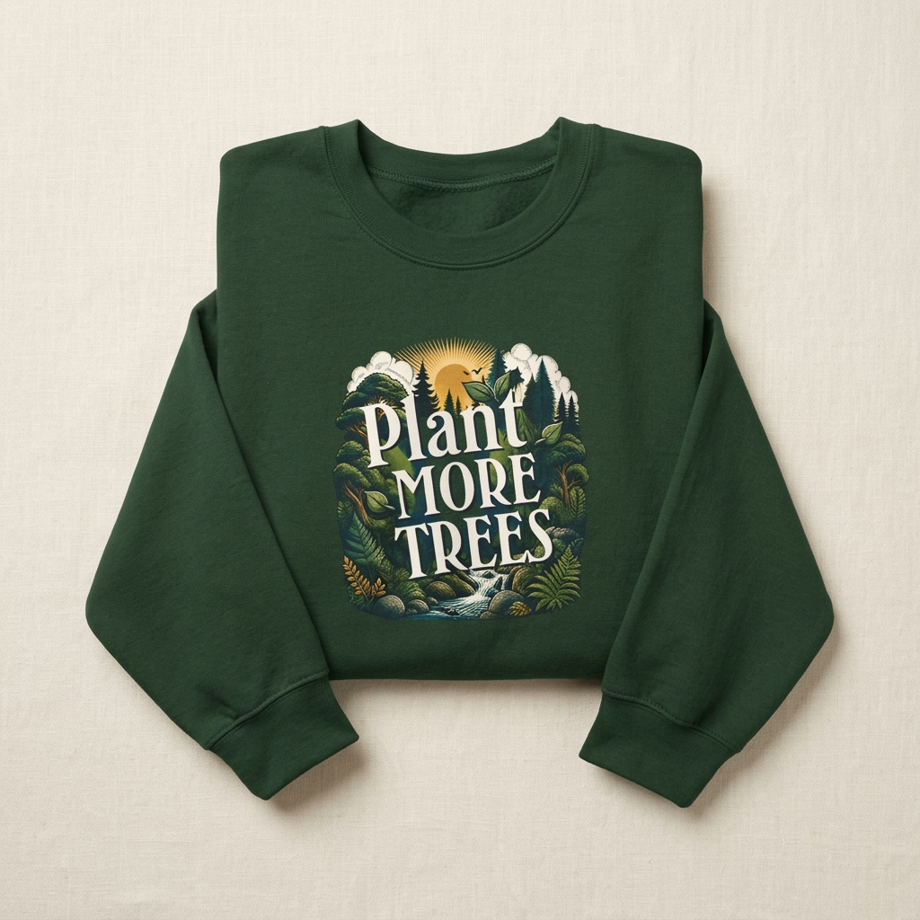Forest green unisex sweatshirt with “Plant More Trees” graphic, front view on fabric.