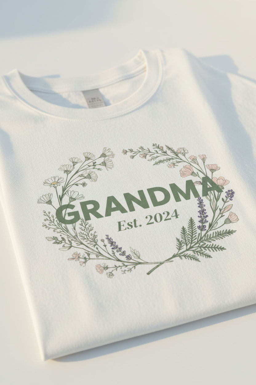 White T-shirt with floral wreath and 'GRANDMA Est. 2024' print.