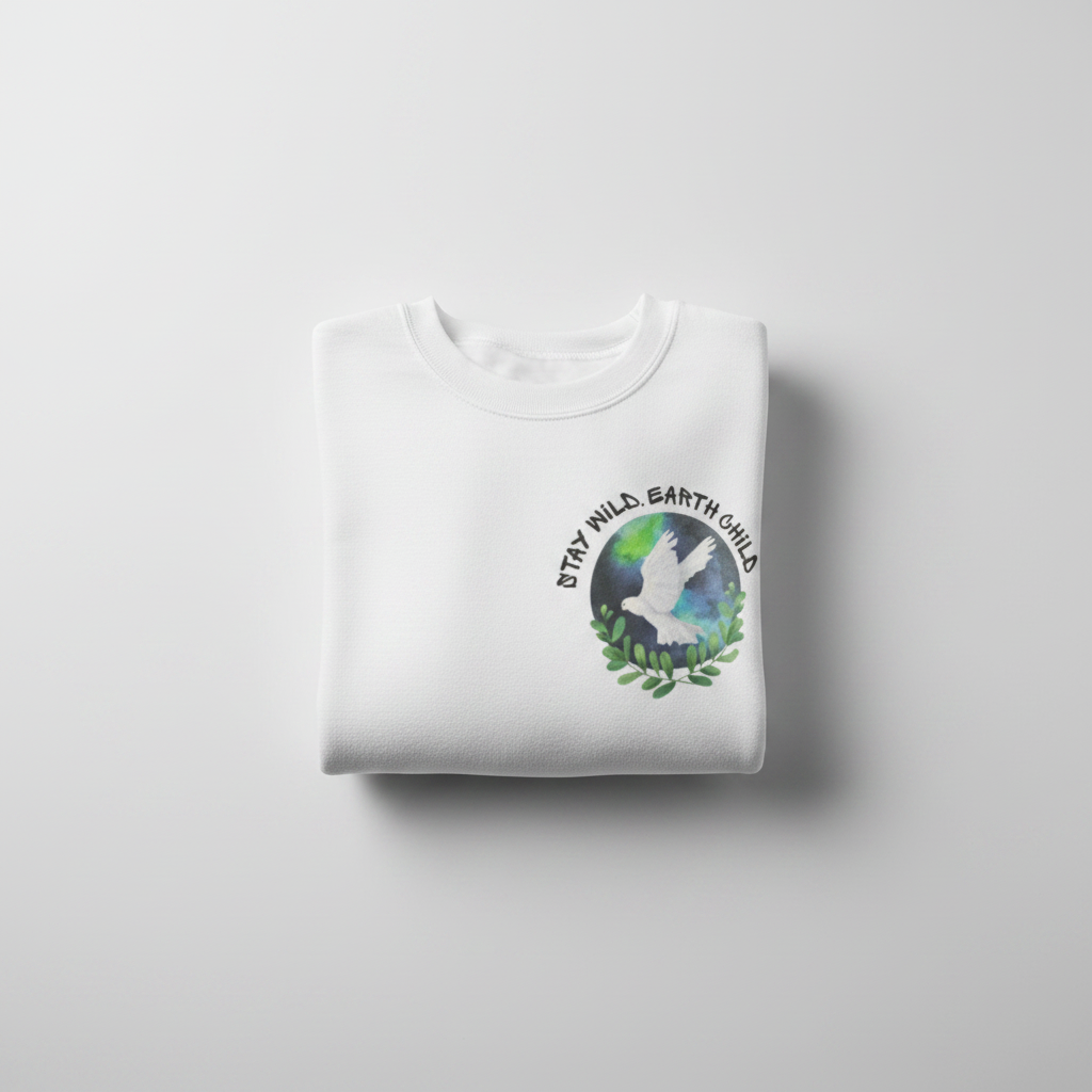 White crewneck sweatshirt with dove nature emblem on front, long sleeves