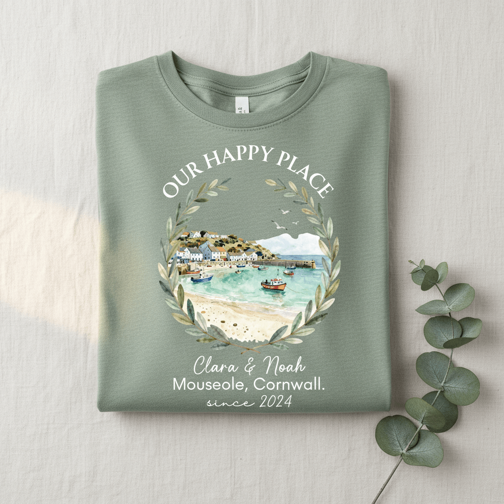 Green T-shirt with scenic landscape wreath graphic and “Clara & Noah” since 2024