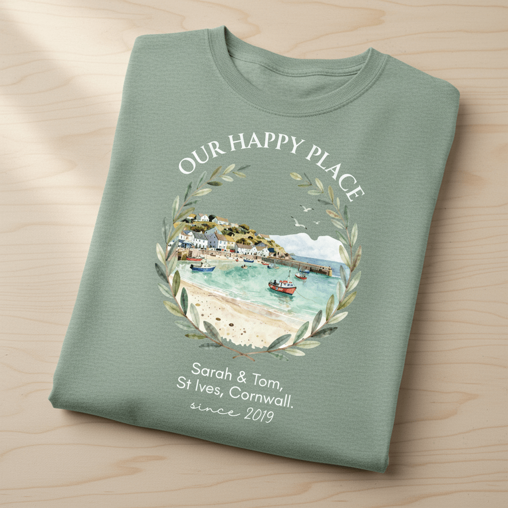 Heather green T-shirt folded, “OUR HAPPY PLACE” scenic wreath graphic and “since 2019”
