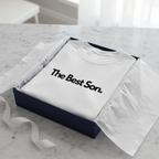 White custom text T-shirt with “The Best Son” print across the chest.