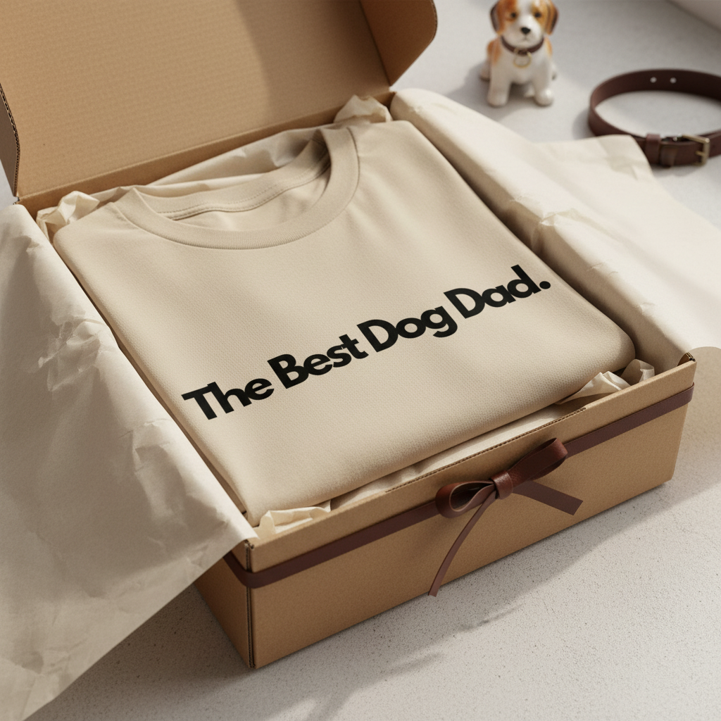 Cream custom text T-shirt with “The Best Dog Dad” print on the front.