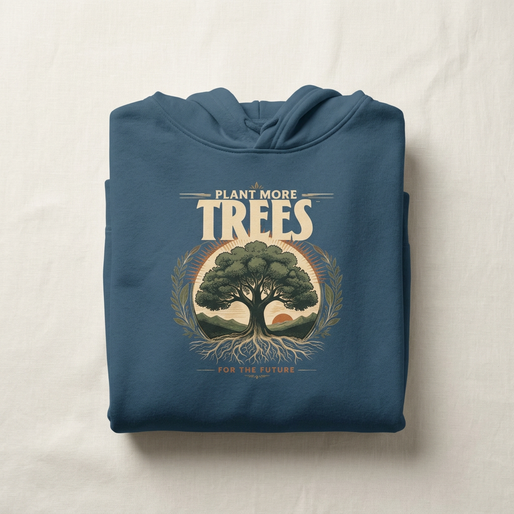 Indigo blue unisex hoodie folded with “Plant More Trees” chest graphic