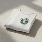 White crewneck sweatshirt with dove nature emblem printed on chest, long sleeves