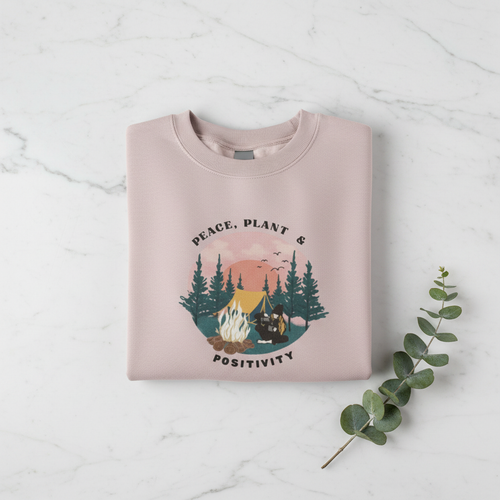 Dusty pink cozy crewneck sweatshirt with peace plant positivity landscape graphic