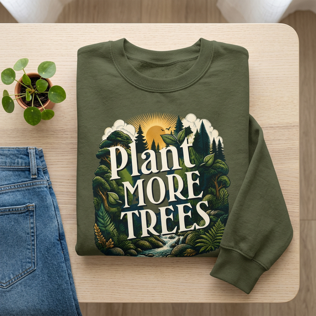 Military green unisex sweatshirt with “Plant More Trees” nature graphic, laid flat.