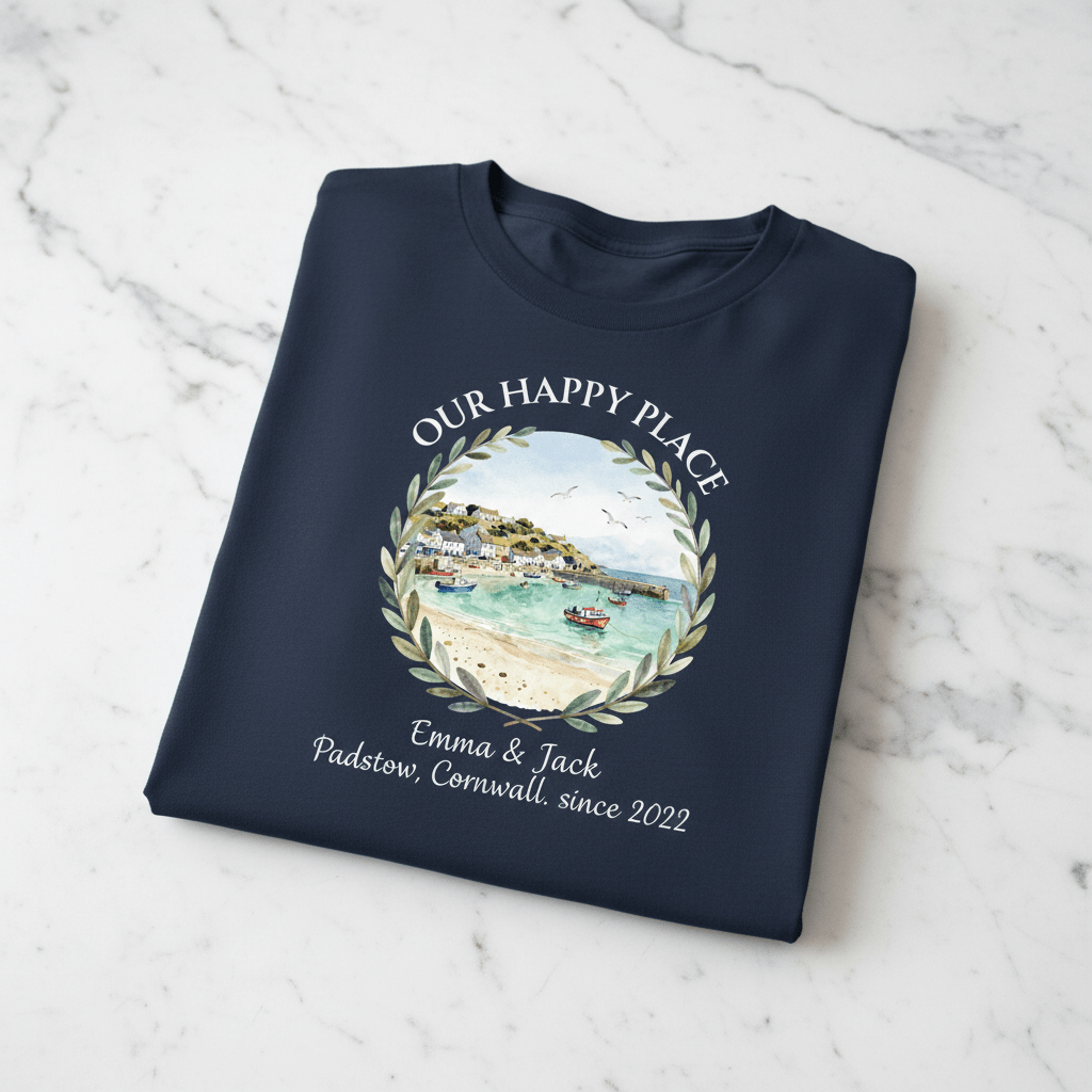 Navy T-shirt with laurel scenic landscape graphic and “Emma & Jack” since 2022