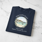 Navy T-shirt with laurel scenic landscape graphic and “Emma & Jack” since 2022