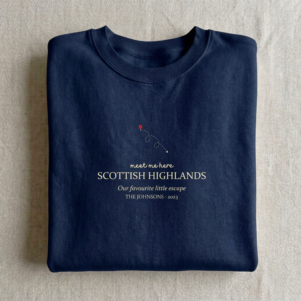 Navy personalised sweatshirt with “meet me here” Scottish Highlands place name print