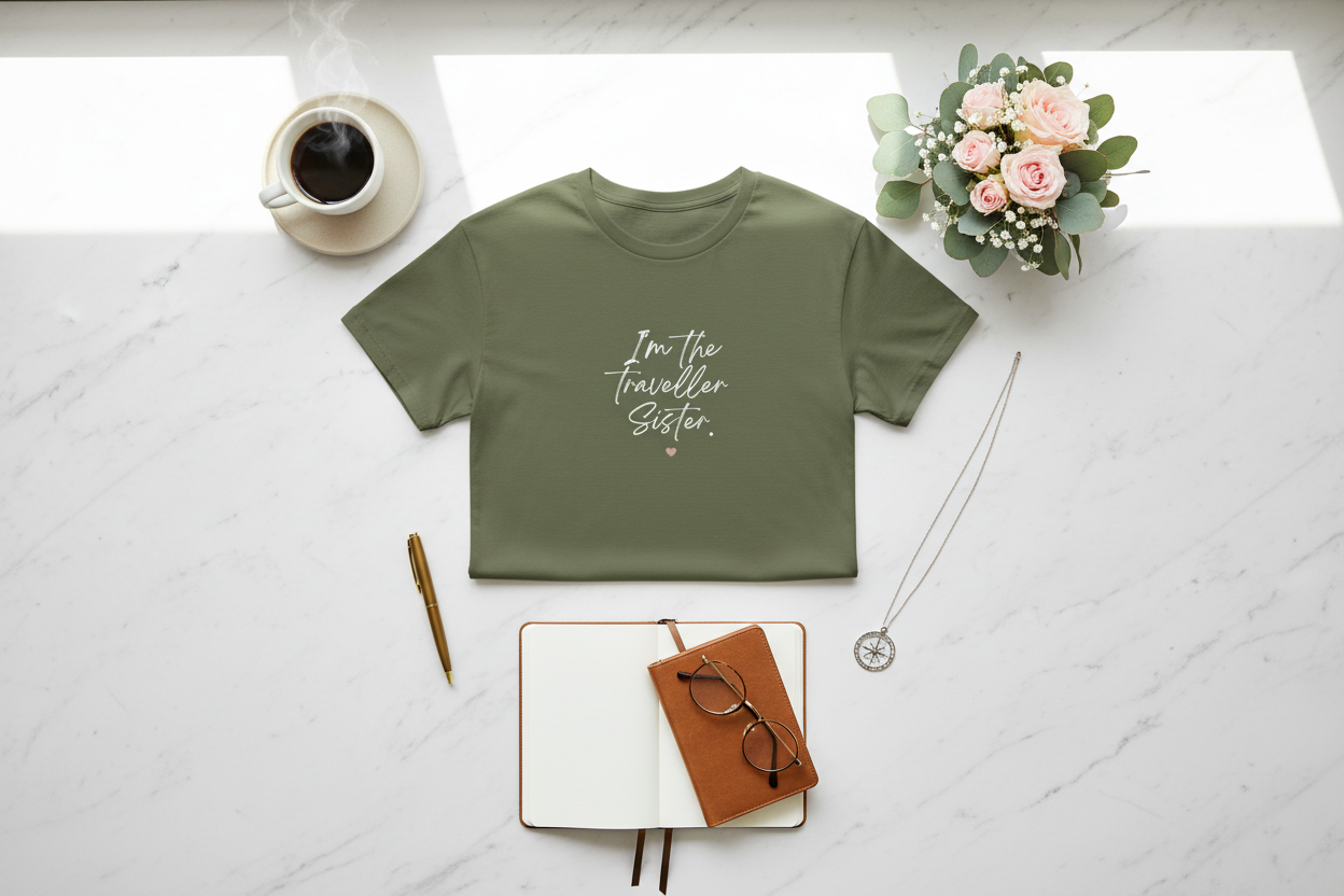 Folded Olive Tee with Coffee & Flowers
