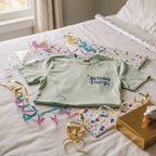 Seafoam T-shirt with Birthday Energy+ graphic, folded on wrapping paper