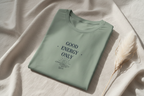 Sage green T-shirt with 'GOOD ENERGY ONLY' graphic on the front, short sleeves, crew neck