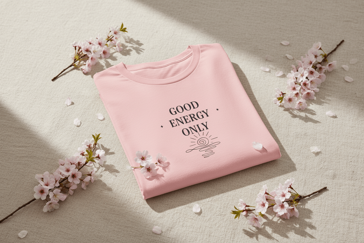 Pink T-shirt with 'Good Energy Only' graphic on the chest, short sleeves