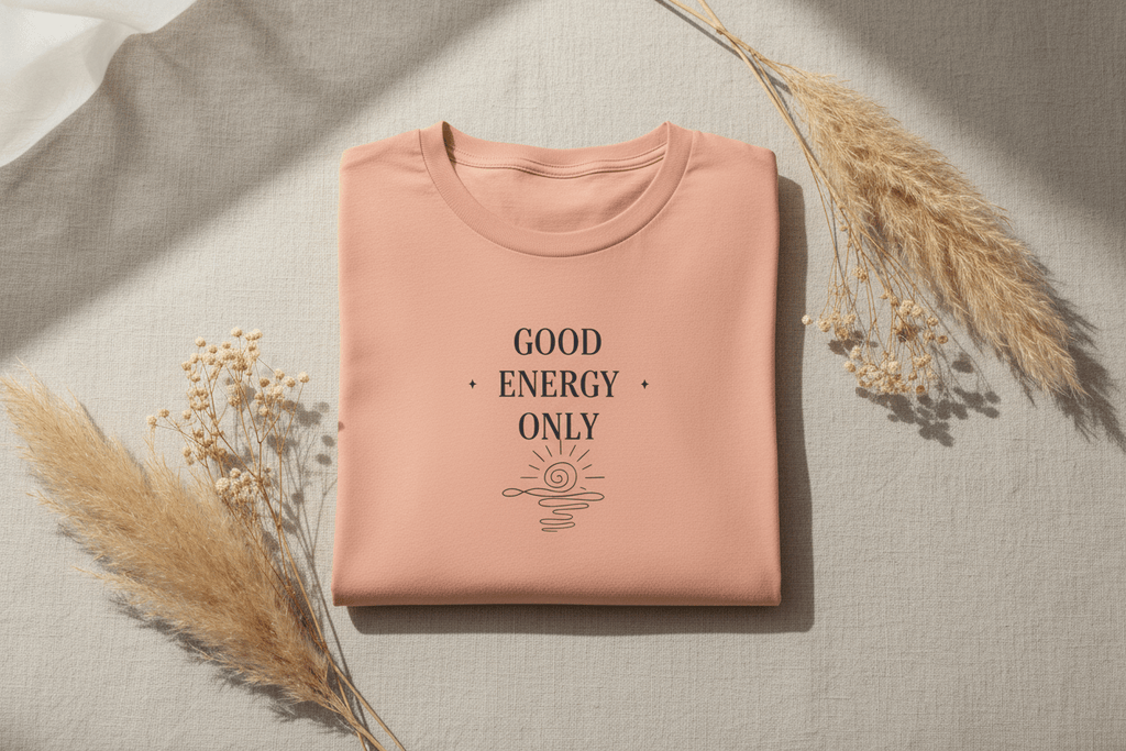 Pink T-shirt with 'Good Energy Only' graphic on the chest, crew neck