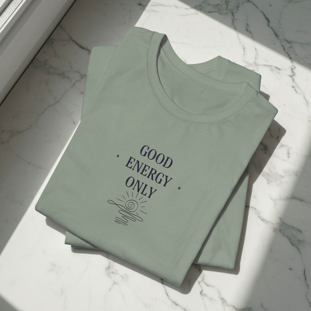 Sage green crew-neck T-shirt stacked, showing “GOOD ENERGY ONLY” chest graphic