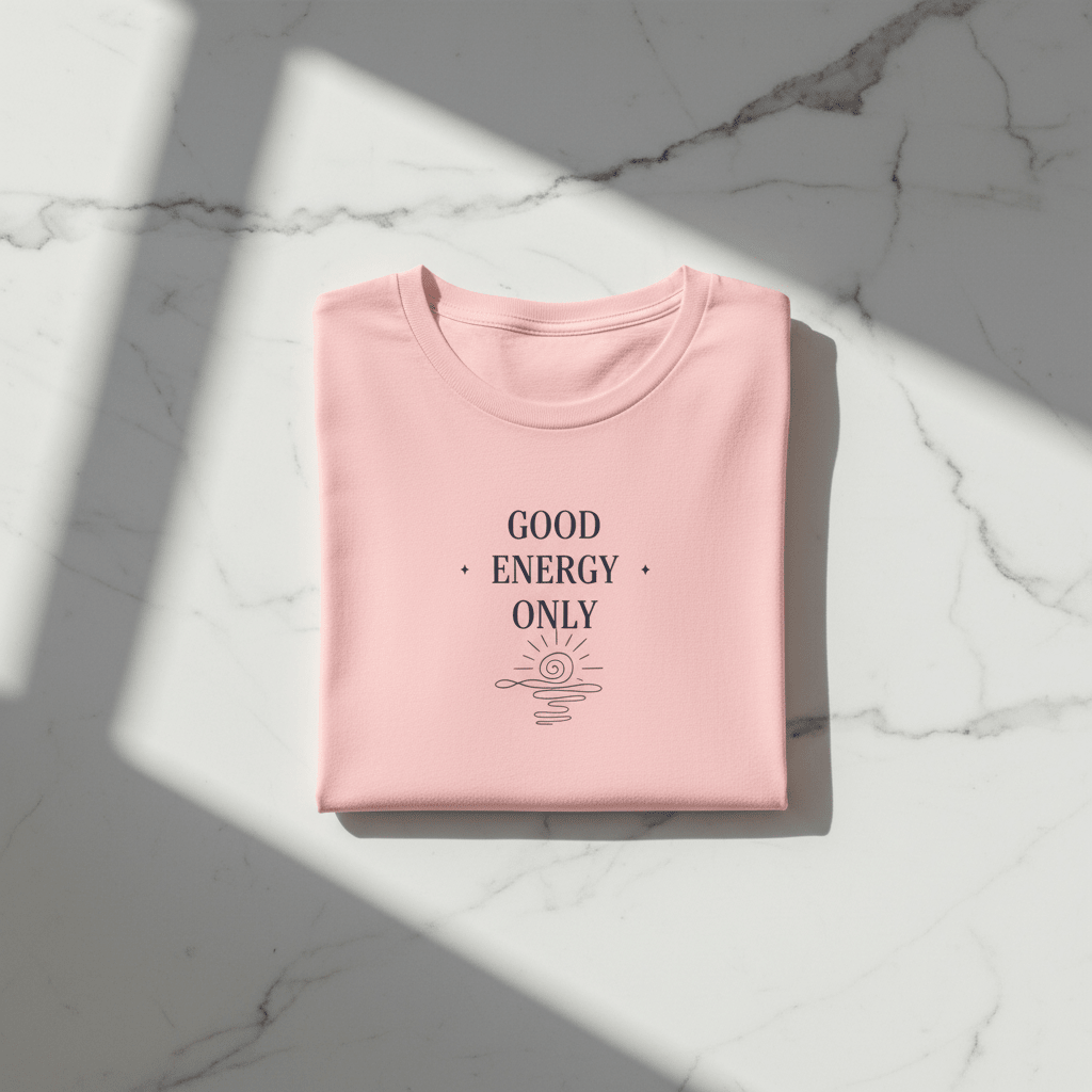 Pink T-shirt with crew neck and “GOOD ENERGY ONLY” graphic on the front