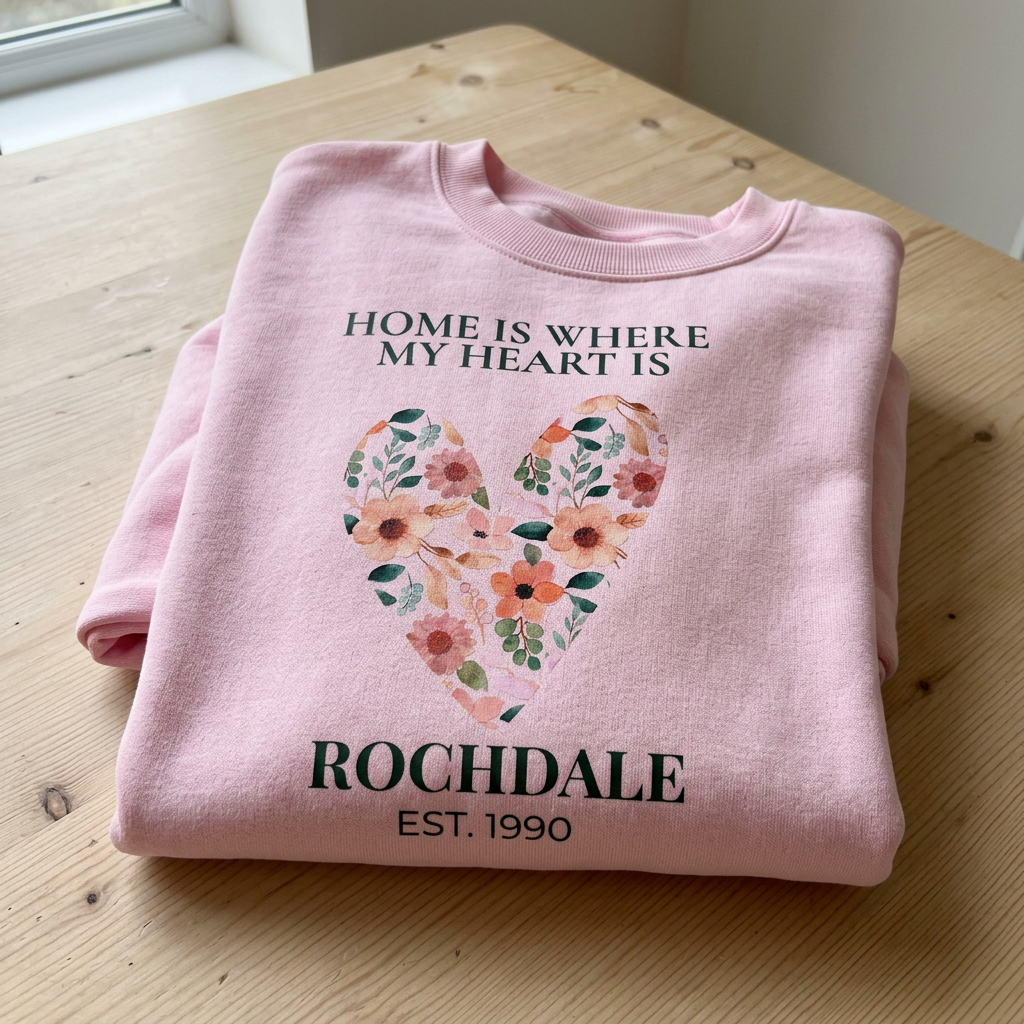 Light pink sweatshirt with floral heart graphic and ROCHDALE EST. 1990 print