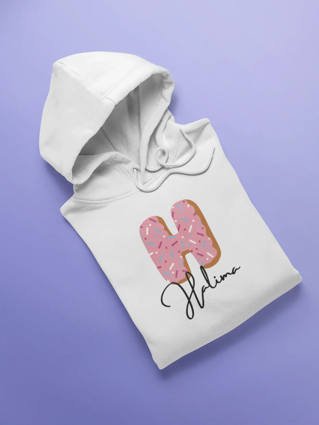 Kids white hoodie sweatshirt with pink donut graphic and script name