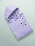 Lavender yoga hoodie, folded with hood and black yoga figure logo