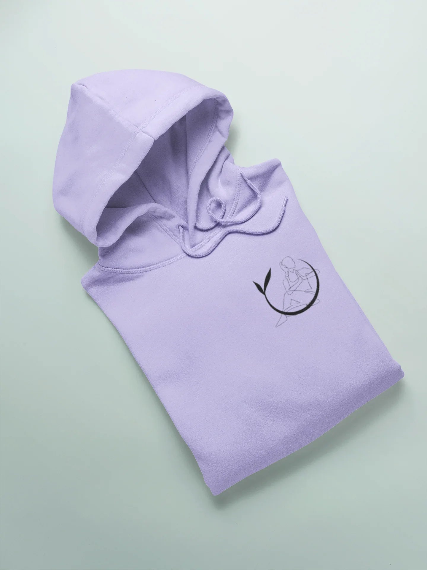Lavender yoga hoodie, folded with hood and black yoga figure logo