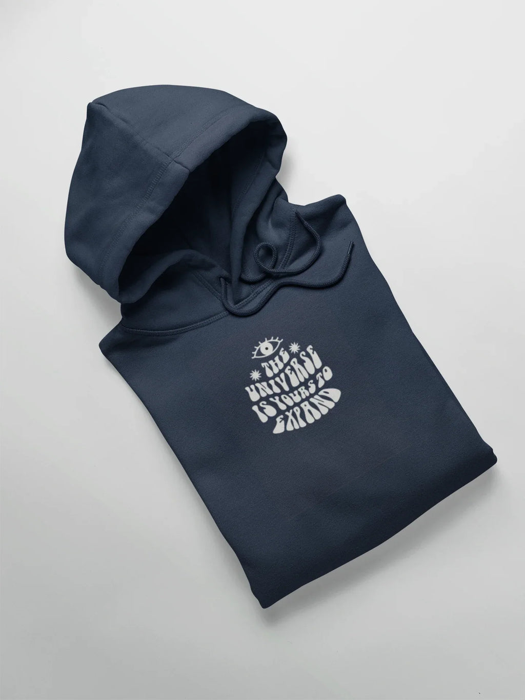 Navy unisex hoodie with front pocket and drawstring hood