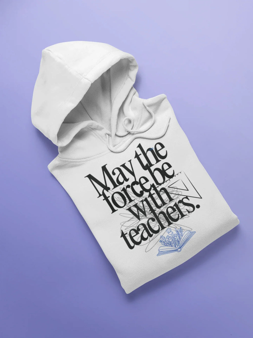 White hooded sweatshirt, graphic print on chest with blue book emblem.