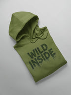 Military green hoodie pullover with "WILD INSIDE" green graphic on the front