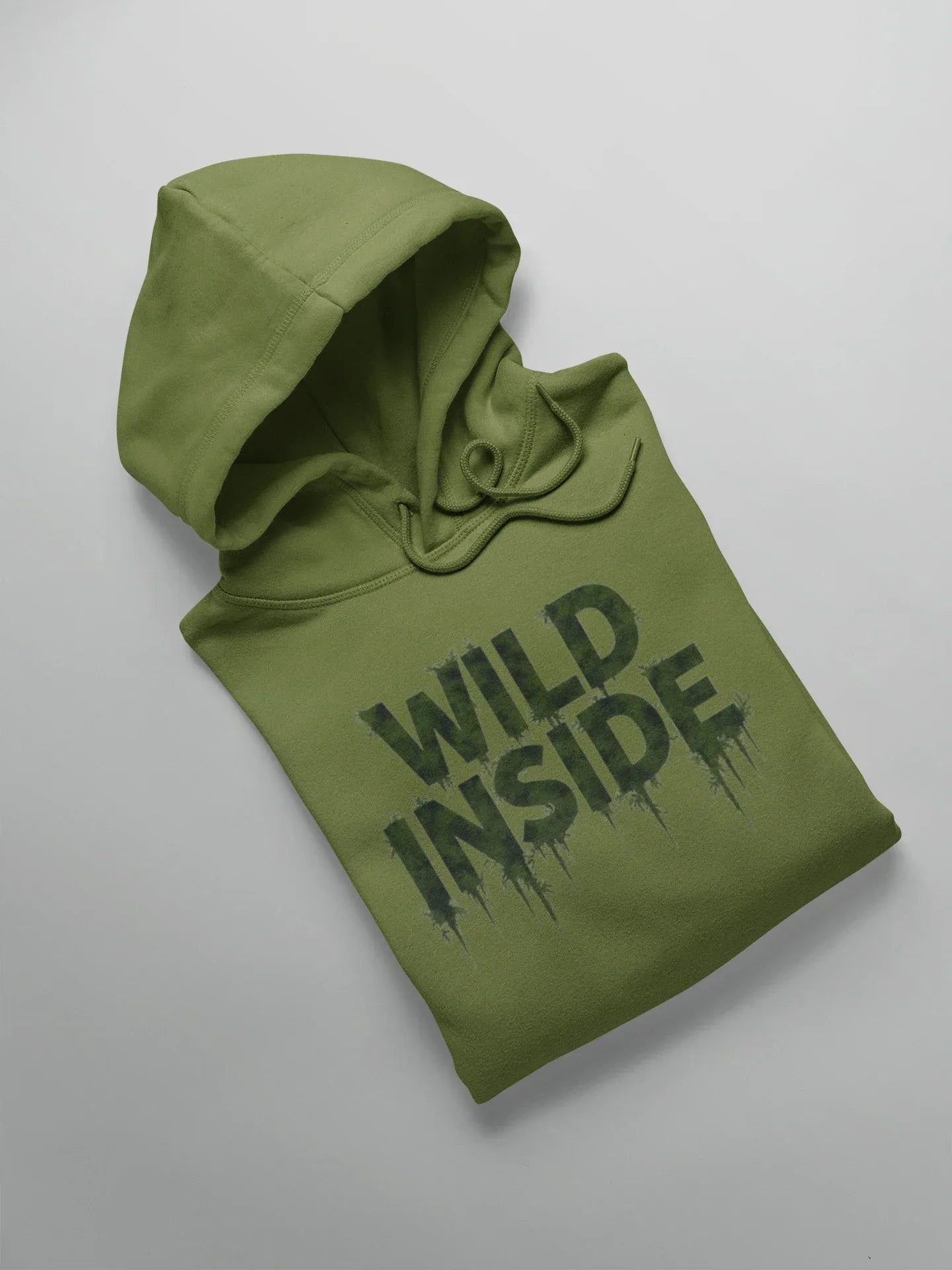 Military green hoodie pullover with "WILD INSIDE" green graphic on the front