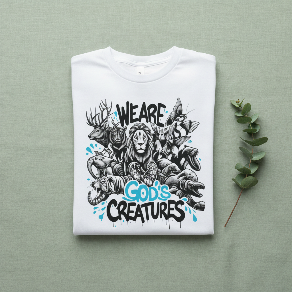 White unisex T-shirt with “We Are God’s Creatures” animal graphic, flat lay.