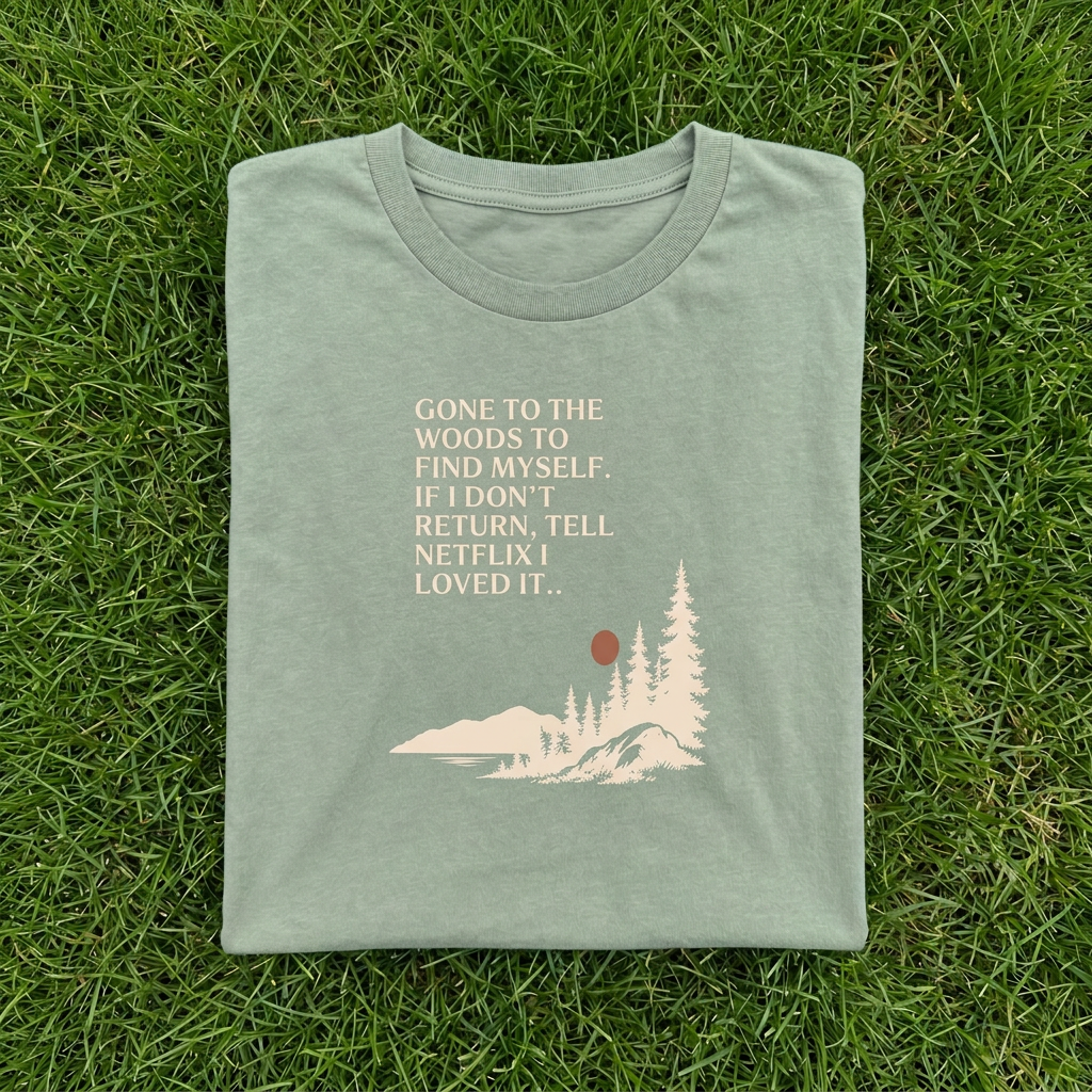 Sage green hiking T-shirt with woods scene graphic and quote text on front