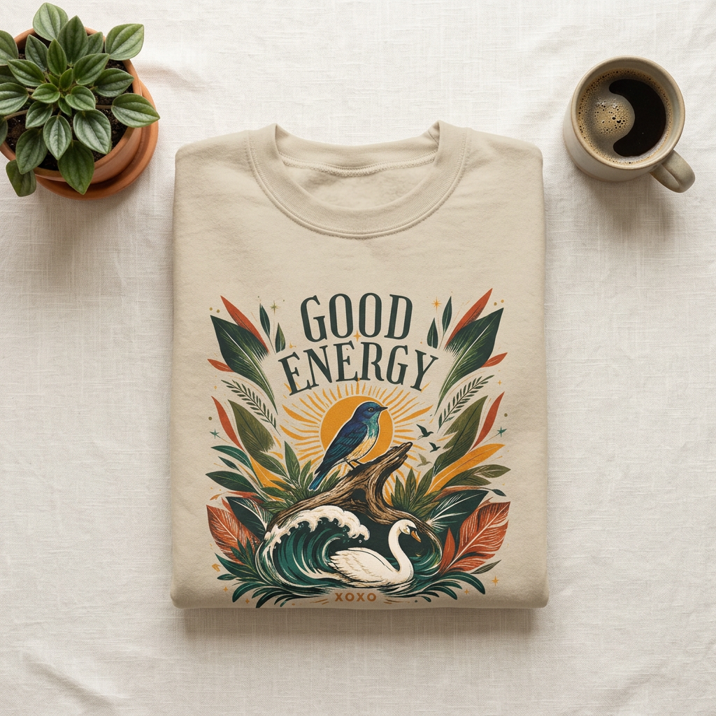 Unisex botanical sweatshirt, light sand/cream with bird and leaf front graphic.