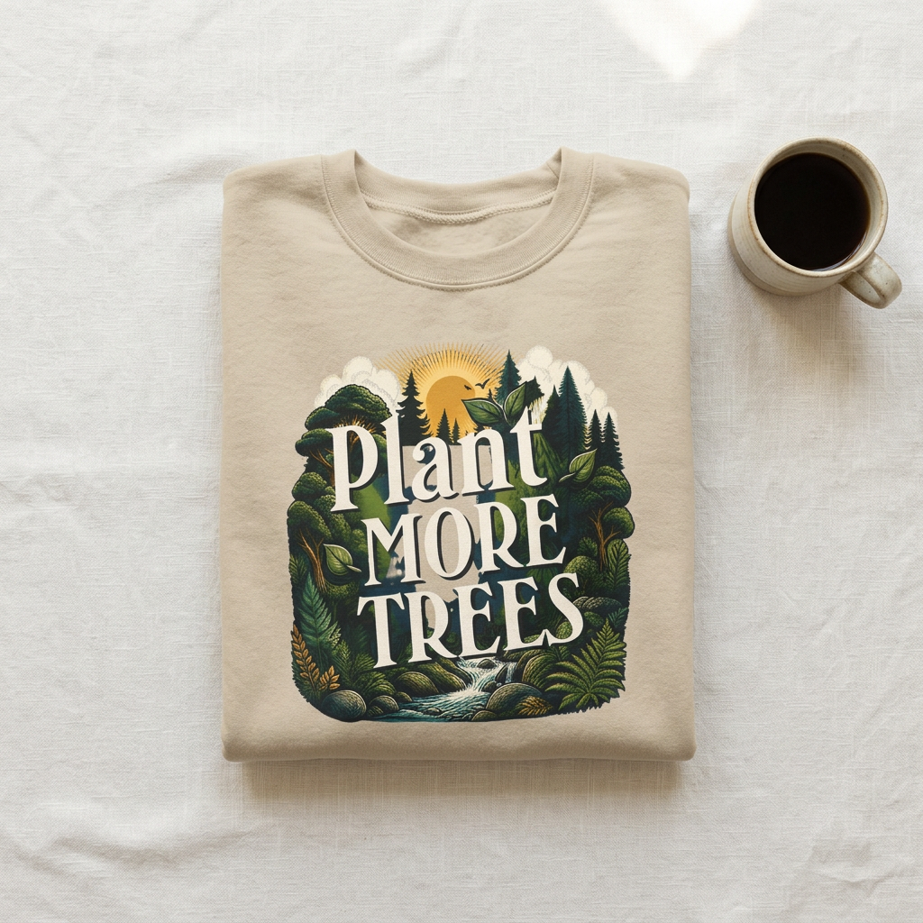 Unisex sand sweatshirt with “Plant More Trees” nature graphic centered on front