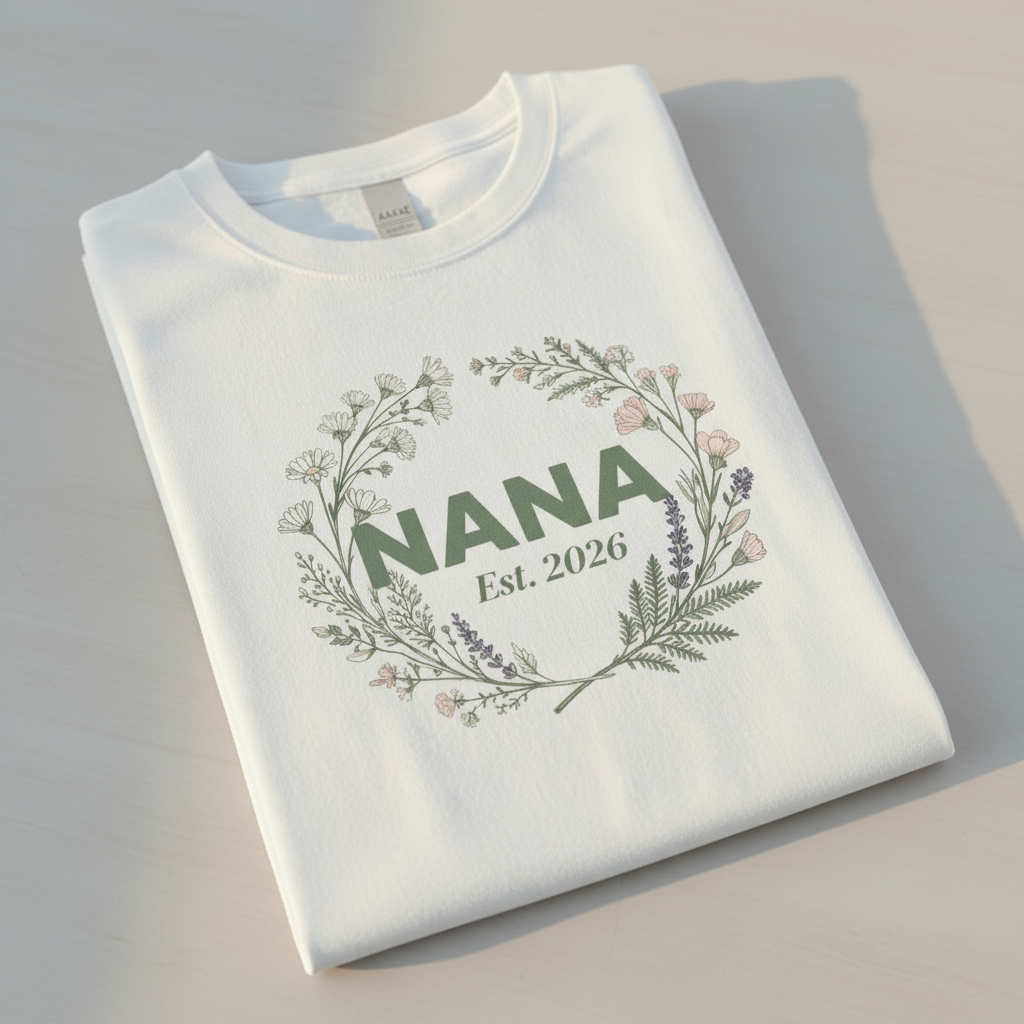 Folded white t-shirt with Nana floral wreath and Est. 2026 print