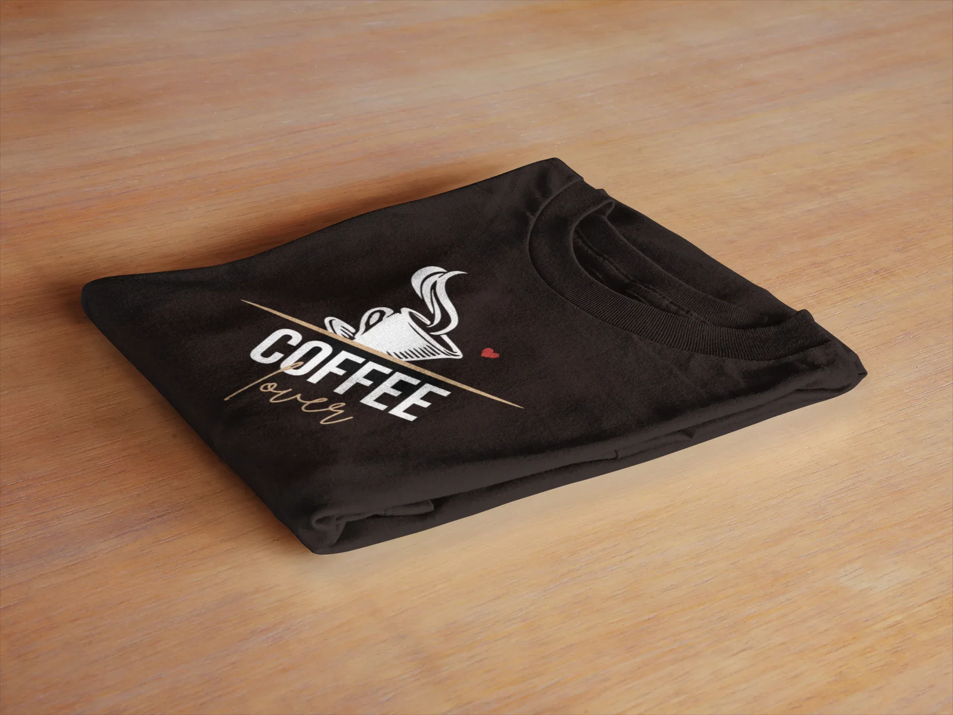 Folded black unisex T-shirt with coffee cup graphic on the front
