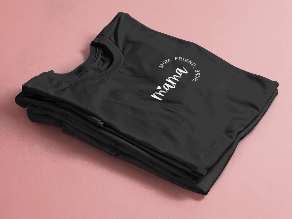 Black mum T-shirt folded stack, crew neck, chest script logo