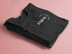 Black mum T-shirt folded stack, crew neck, chest script logo