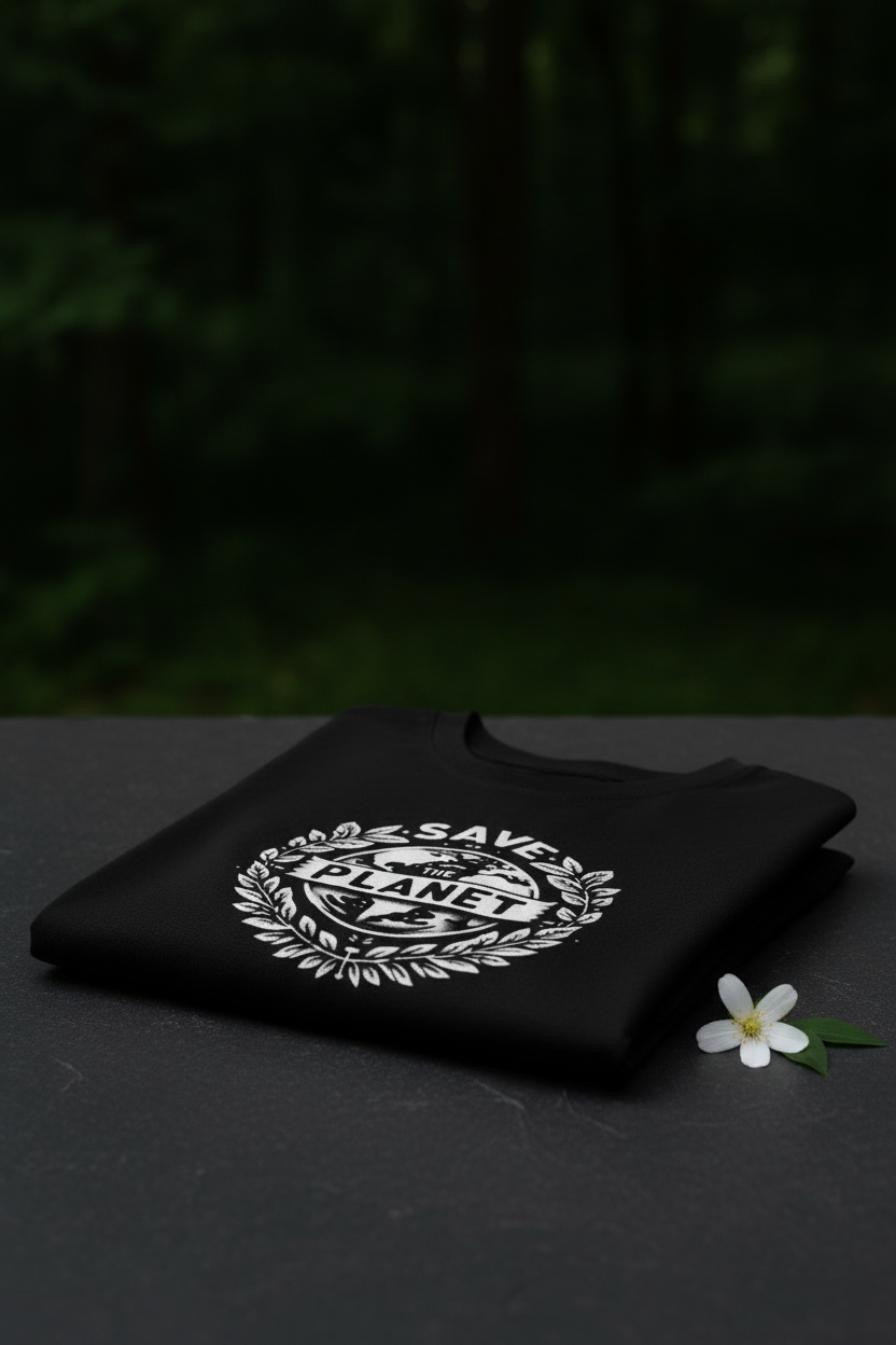 Black T-shirt folded with Save the Planet emblem on chest, crew neck