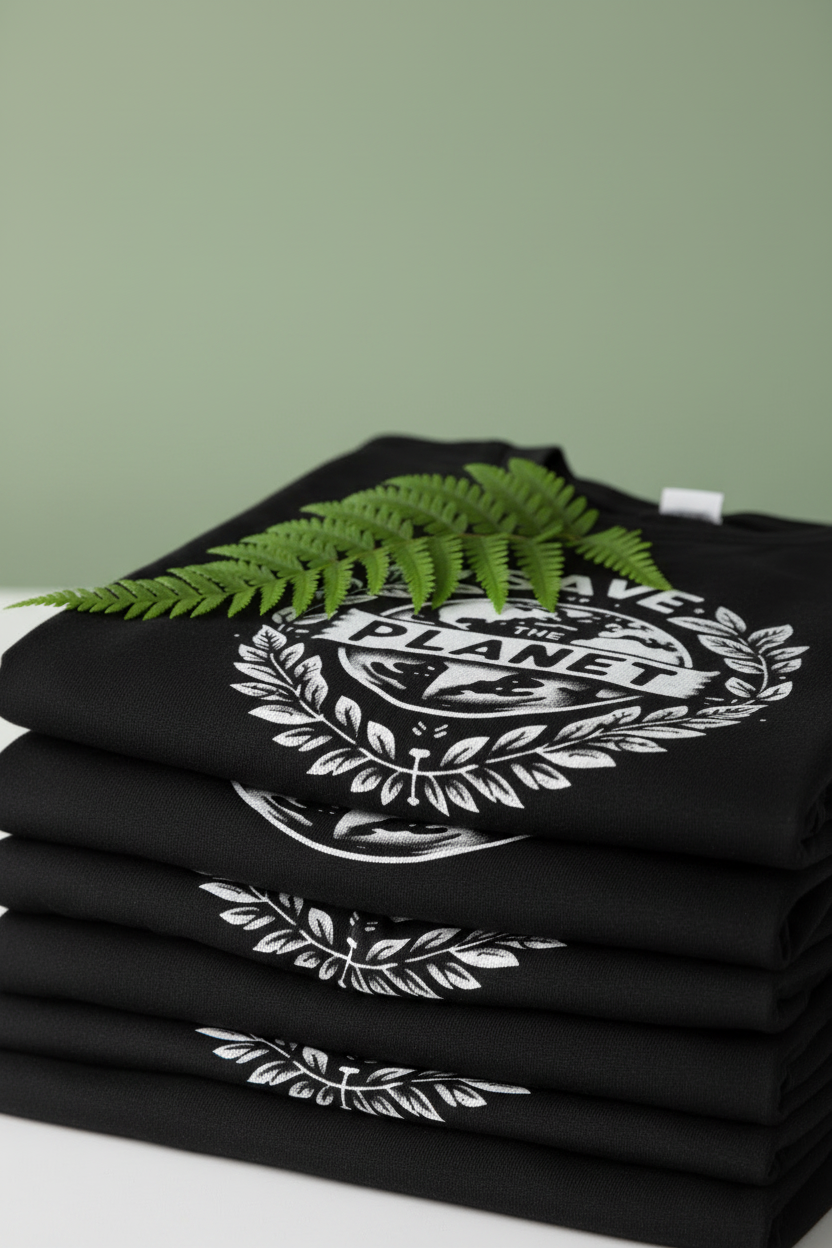 Black T-shirt folded, showing white 'Save the Planet' wreath logo