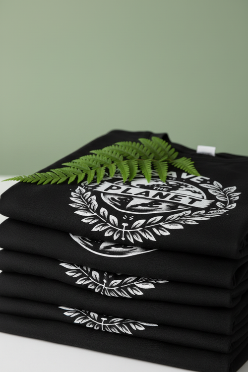 Black T-shirt folded, showing white 'Save the Planet' wreath logo