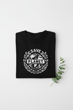 Black T-shirt with white 'Save the Planet' circular logo on chest