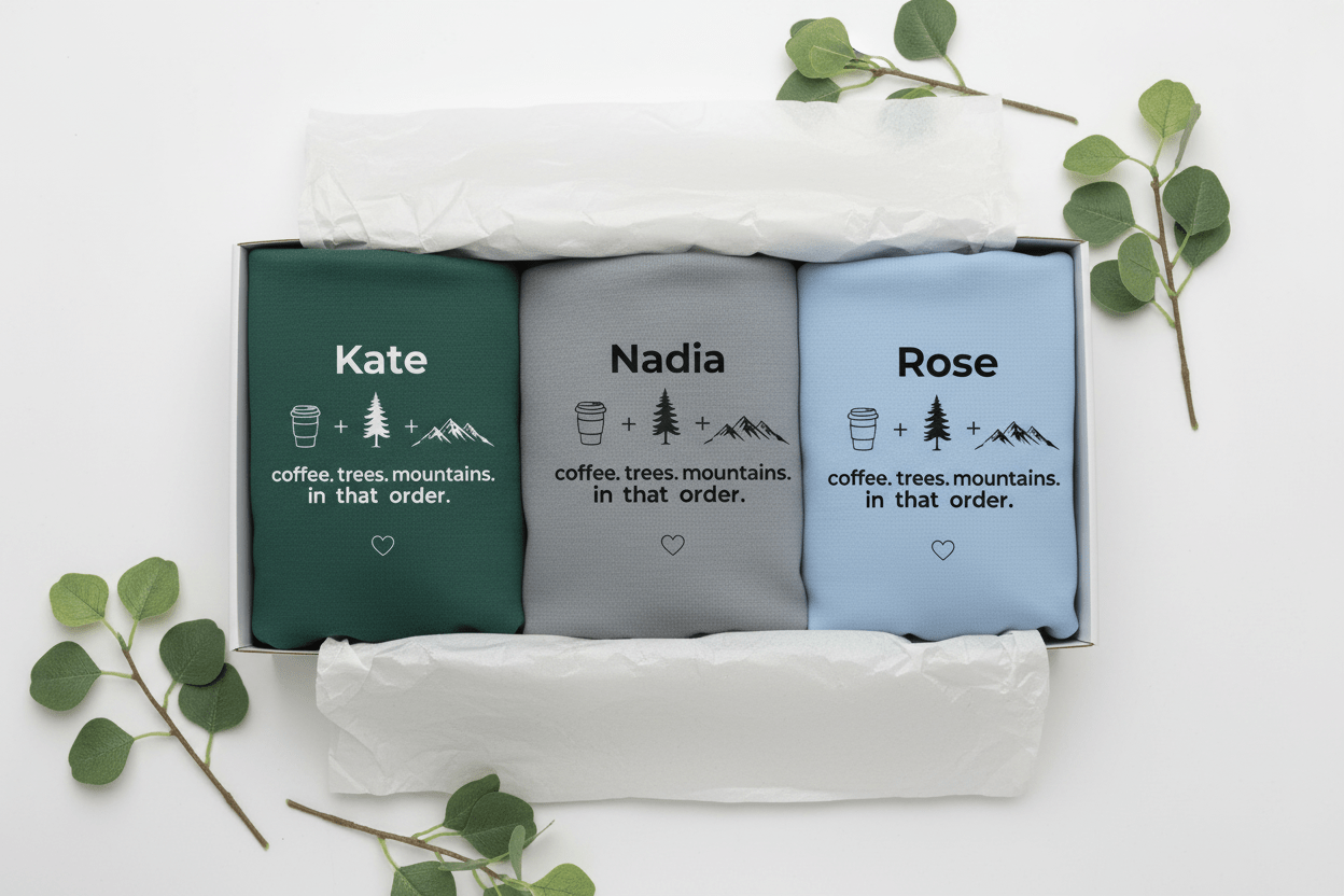 Folded crewneck sweatshirts set with personalized name text and coffee/trees/mountains graphic.