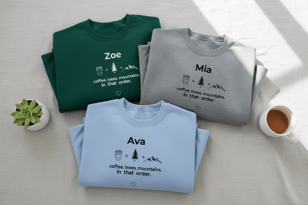 Folded crewneck sweatshirts in green, gray, and light blue with personalized names and outdoor graphic.