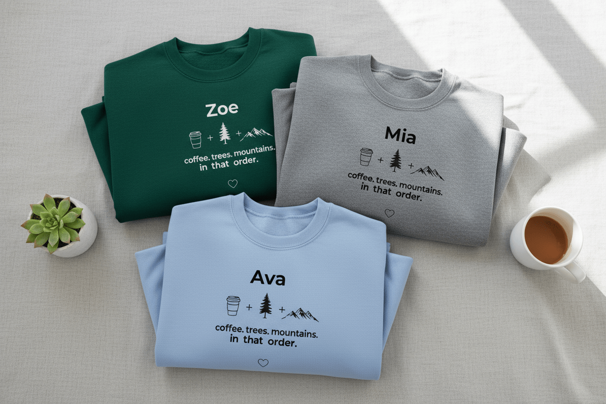 Folded crewneck sweatshirts in green, gray, and light blue with personalized names and outdoor graphic.