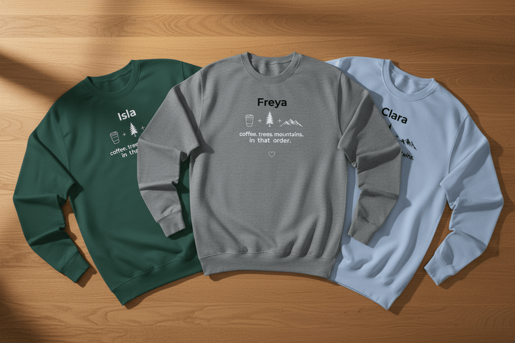 Crewneck sweatshirt trio in green, gray, and light blue with personalized names and outdoor graphic.