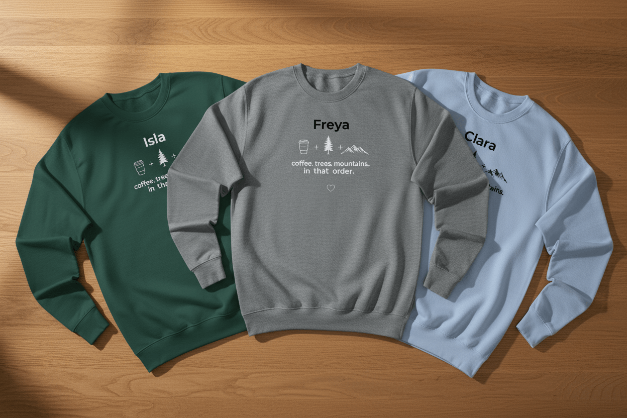 Crewneck sweatshirt trio in green, gray, and light blue with personalized names and outdoor graphic.