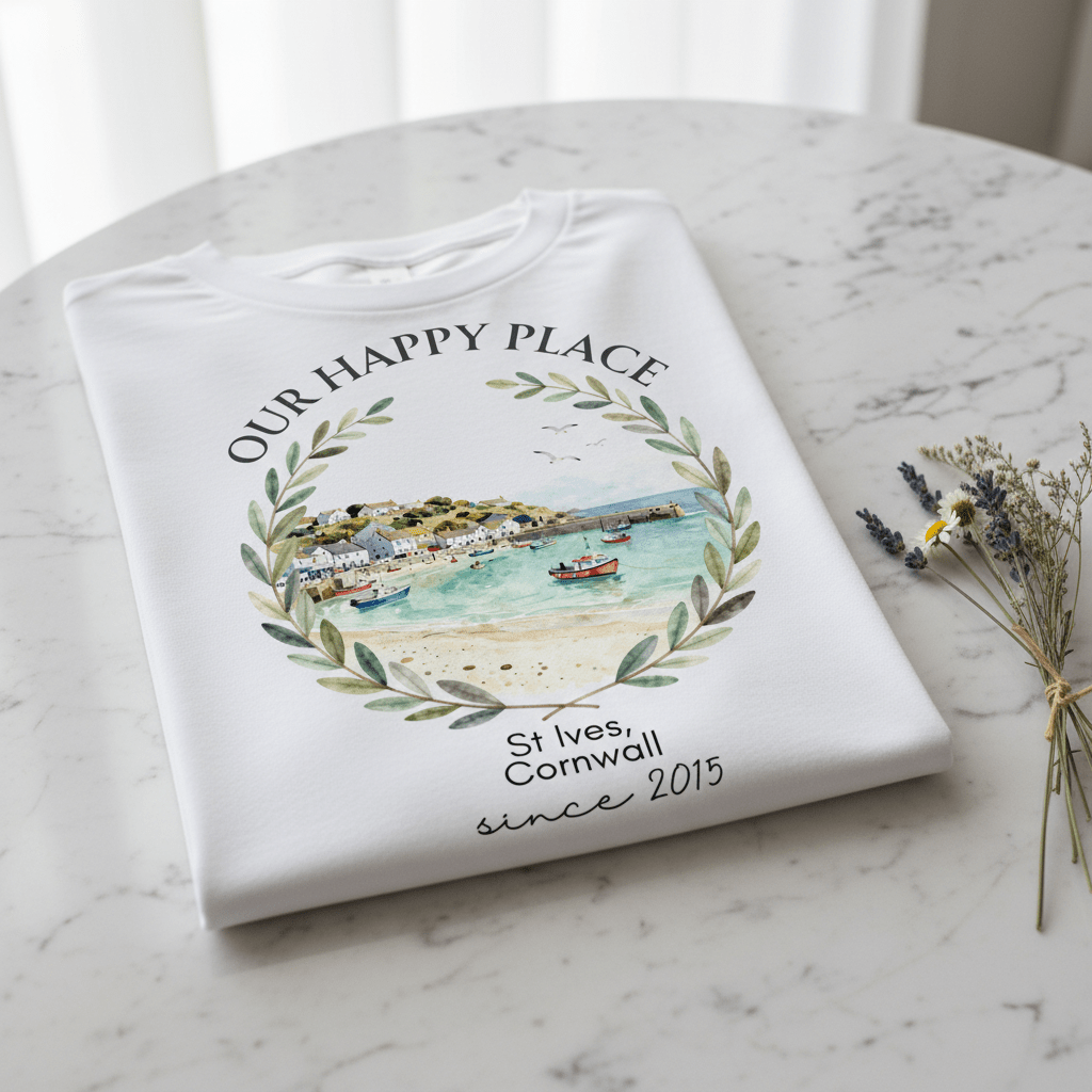White T-shirt with scenic landscape wreath graphic and “St Ives Cornwall” since 2015